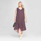 Women's Plus Size Striped Sleeveless Dress With Asymmetrical Hem - Ava & Viv Navy/burgundy