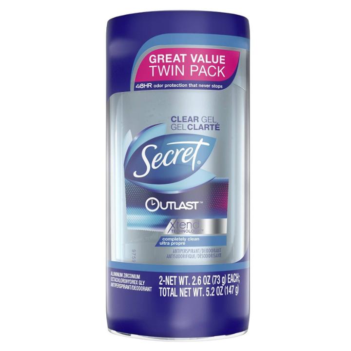 Secret Outlast Clear Gel Completely Clean Antiperspirant Deodorant For Women - 2.6 Oz/2pk, Adult Unisex,