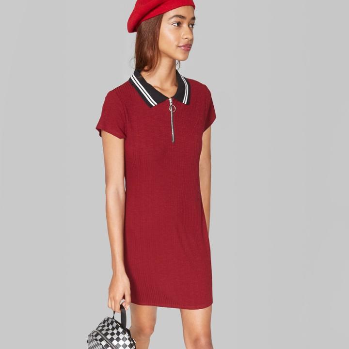 Women's Short Sleeve Quarter-zip Collared Rib Knit Dress - Wild Fable Burgundy