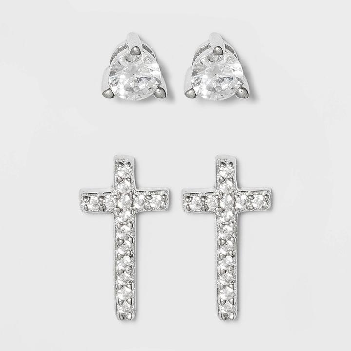 Sterling Silver Cubic Zirconia Round Stud And Cross Earring Set - A New Day