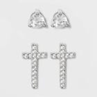 Sterling Silver Cubic Zirconia Round Stud And Cross Earring Set - A New Day