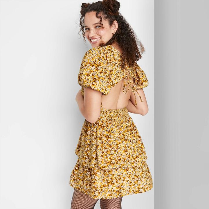 Women's Short Sleeve Open Back Tiered Skater Dress - Wild Fable Mustard Floral