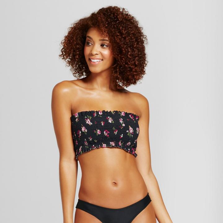 Women's Smocked Bandeau Bikini Top - Xhilaration Black Floral