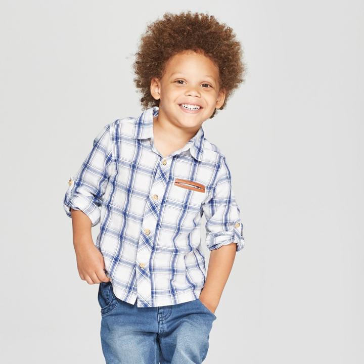 Genuine Kids From Oshkosh Toddler Boys' Plaid Long Sleeve Button-down Shirt - Blue