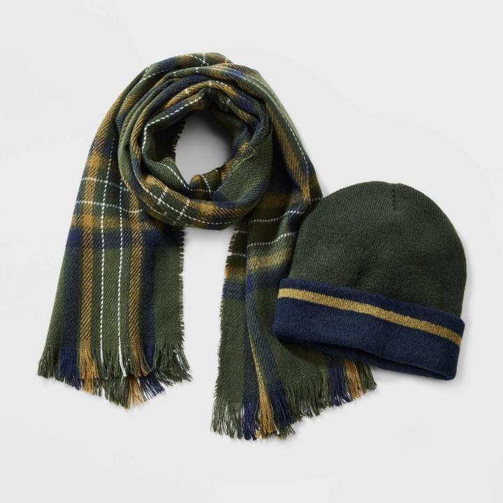Men's Striped Knitted Hat And Scarf Set - Goodfellow & Co Green