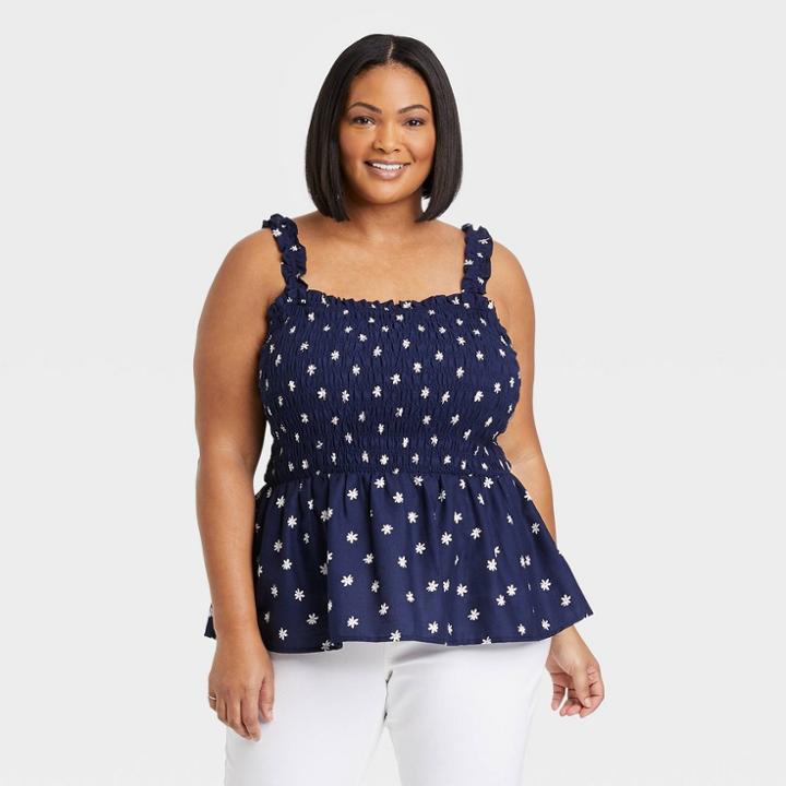 Women's Plus Size Smocked Peplum Tank Top - Ava & Viv Navy Blue Polka Dot X