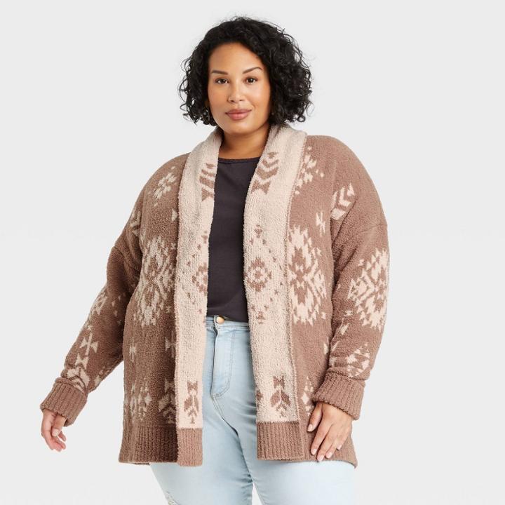 Women's Plus Size Geometric Print Cardigan - Knox Rose Tan