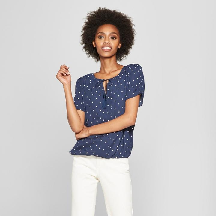 Eclair Women's Polka Dot Short Sleeve Gathered Waist Blouse - Clair Navy/white