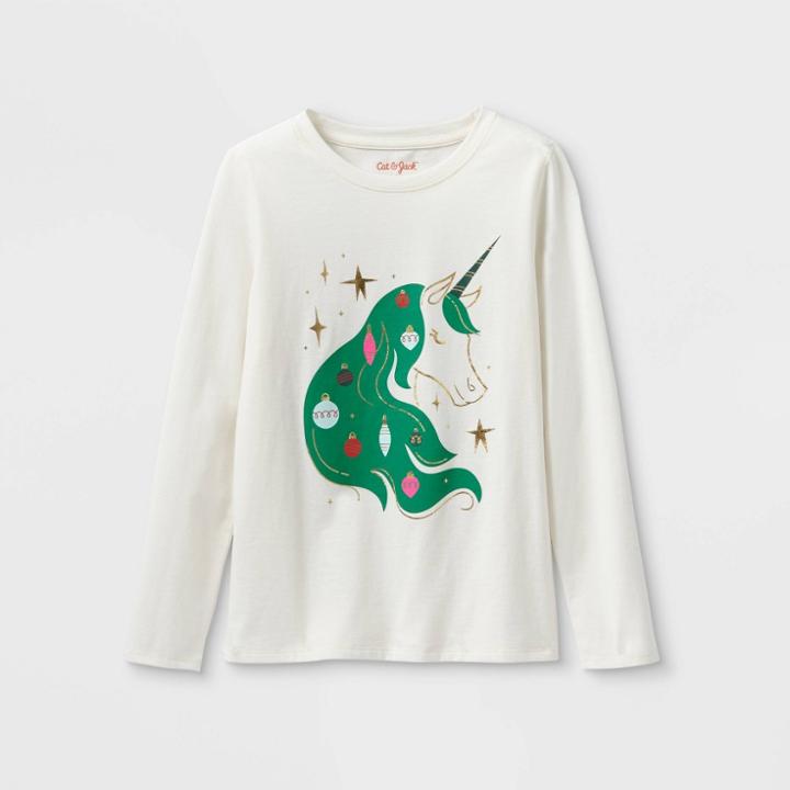 Girls' 'christmas Unicorn' Long Sleeve Graphic T-shirt - Cat & Jack Cream