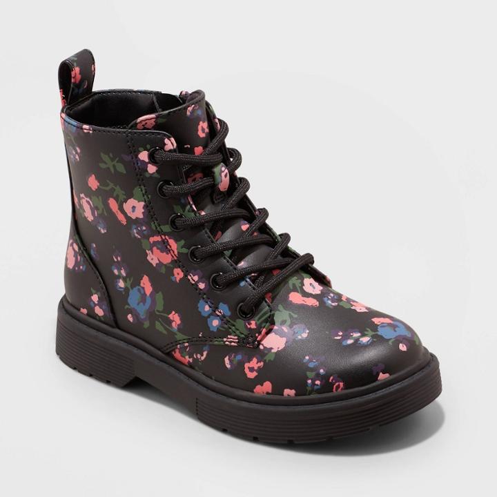 Girls' Zoe Floral Print Zipper Slip-on Lace-up Combat Boots - Art Class Black