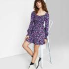 Women's Floral Print Long Sleeve Smocked Top Short Dress - Wild Fable Purple
