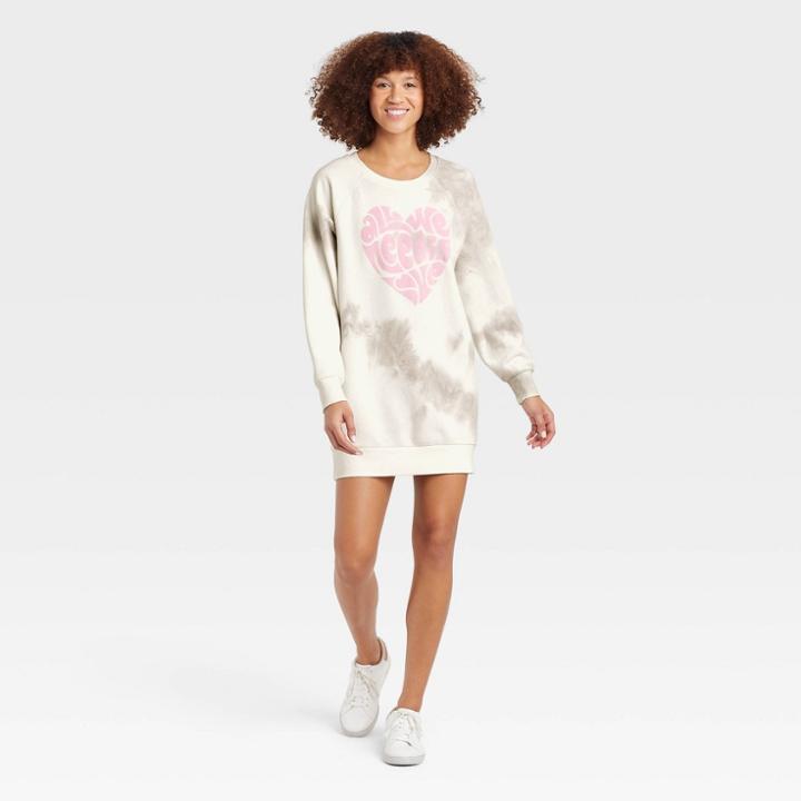Grayson Threads Women's Valentine's Day All We Need Is Love Graphic Sweatshirt Dress - White