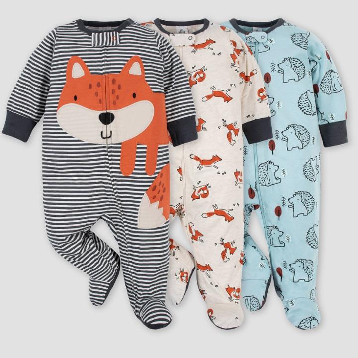 Gerber Baby Boys' 3pk Fox Zip-front Sleep N' Play - Gray/cream/blue Newborn