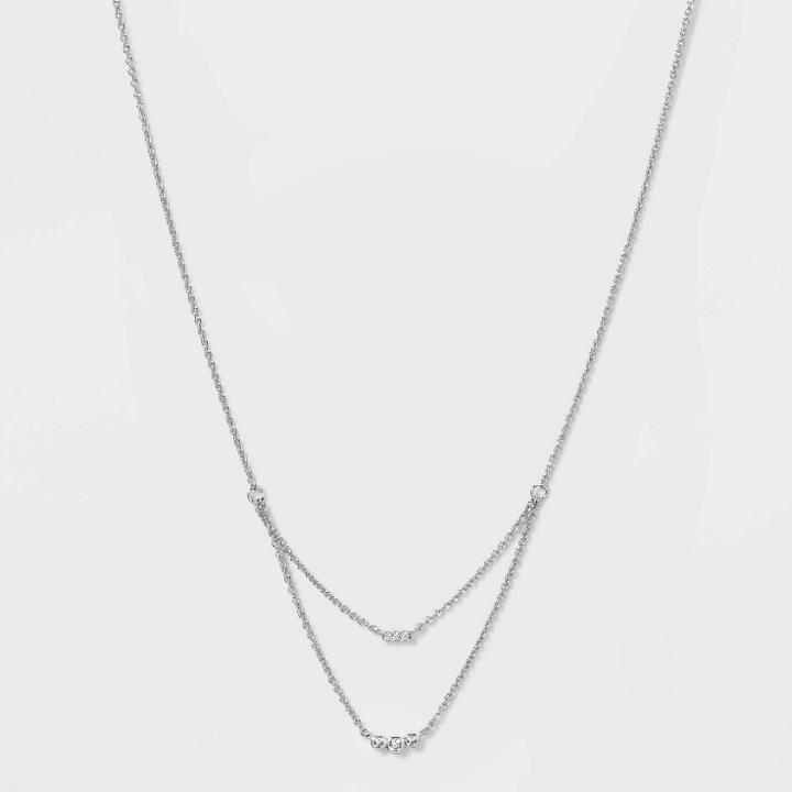 Silver Plated Cubic Zirconia Triple Bezel Faux Layered Chain Necklace - A New Day
