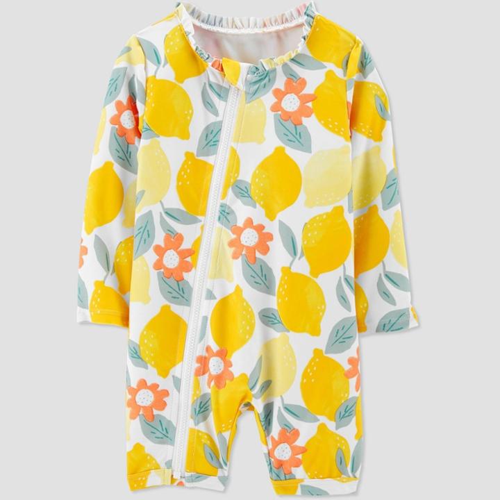 Baby Girls' Lemon Print Long Sleeve One Piece Rash Guard - Just One You Made By Carter's Lemon Yellow