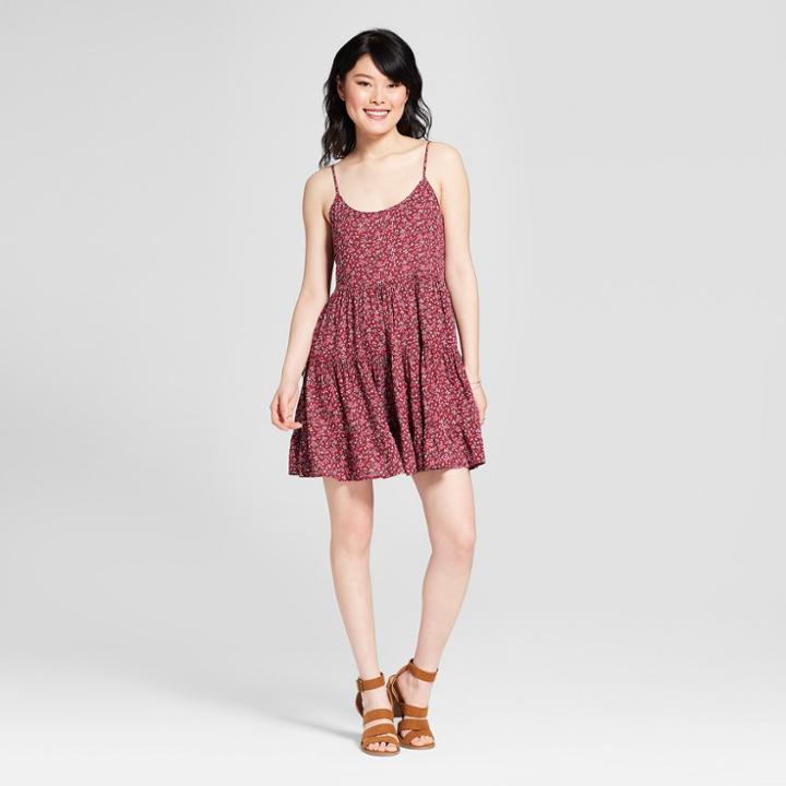 Women's Floral Print Strappy Tiered Shift Dress - Xhilaration Burgundy (red)/pink