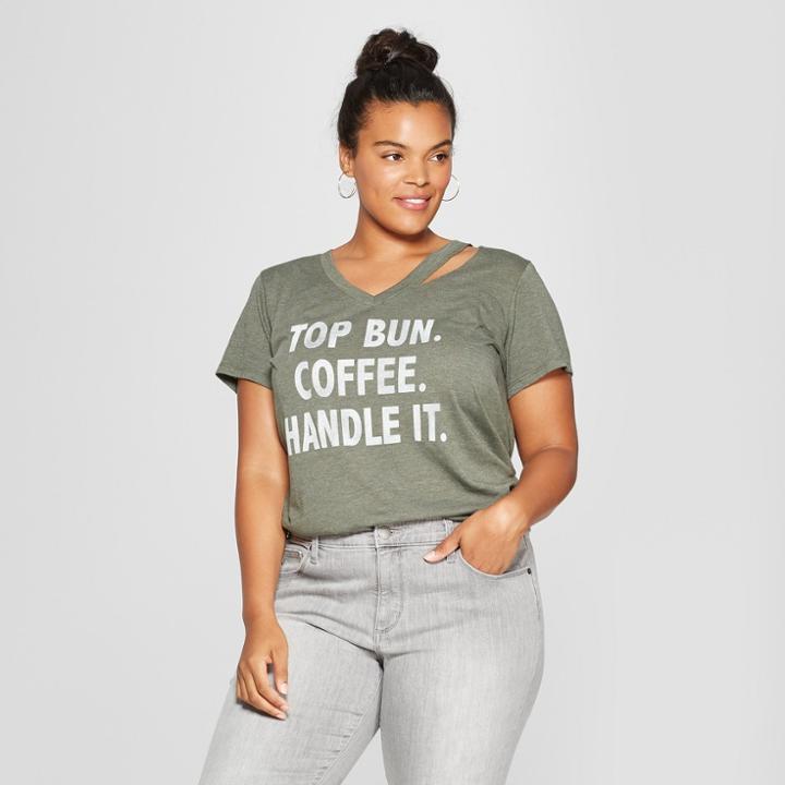 Women's Plus Size Short Sleeve Top Bun Coffee Handle It Graphic T-shirt - Grayson Threads (juniors') Olive