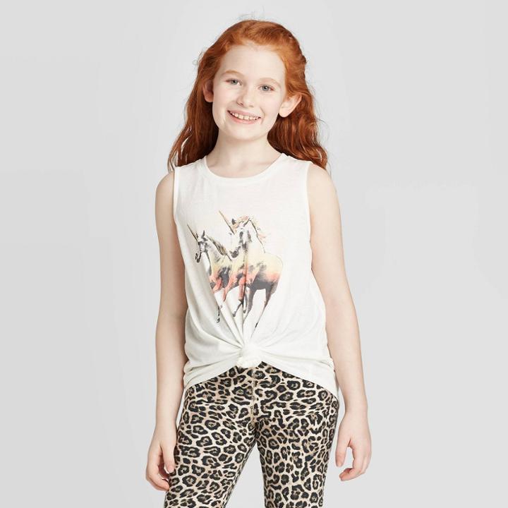 Girls' Tie-front Glow In The Dark Unicorn Tank Top - Art Class White S, Girl's,