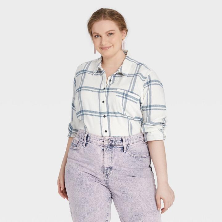 Women's Plus Size Long Sleeve Flannel Button-down Shirt - Universal Thread White Plaid