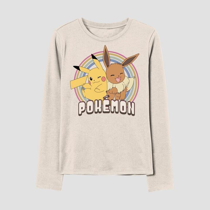 Pokemon Girls' Pokmon Pikachu And Eevee Long Sleeve Graphic T-shirt - Ivory