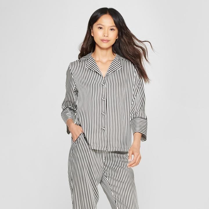 Women's Striped Long Sleeve Pajama Shirt Jacket - Who What Wear Black/white S, Black/white