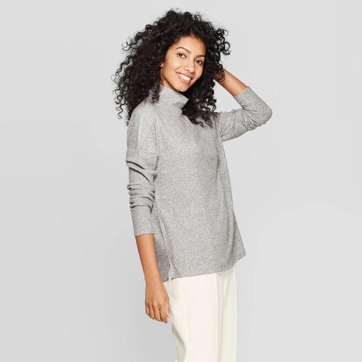 Women's Long Sleeve Turtleneck Rib Drapey Top - A New Day Heather Gray