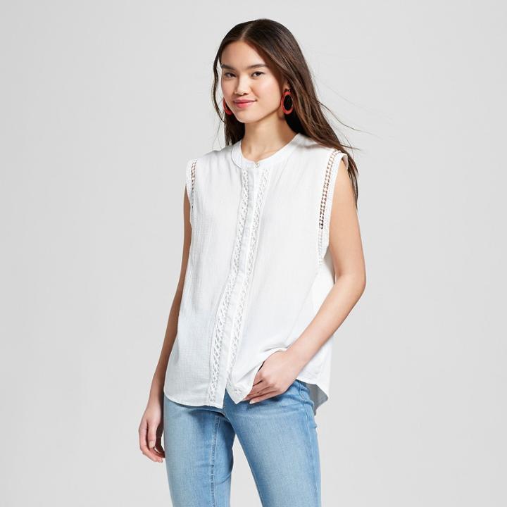 Women's Sleeveless Crochet Detail Blouse - A New Day White