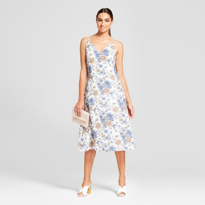 Women's Floral Print Strappy Dress - Needlework White