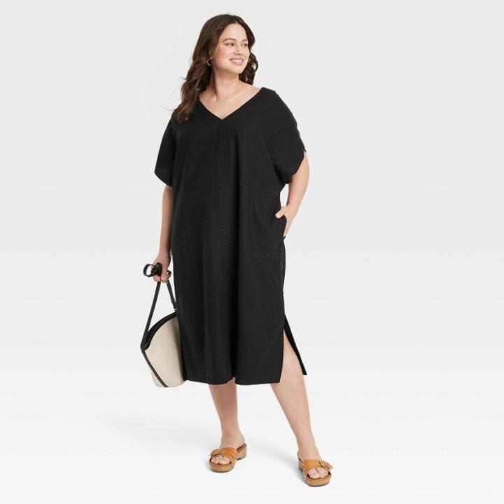 Women's Plus Size Relaxed Dolman Short Sleeve Linen Dress - Ava & Viv Black X