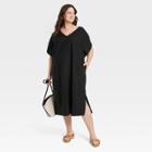 Women's Plus Size Relaxed Dolman Short Sleeve Linen Dress - Ava & Viv Black X