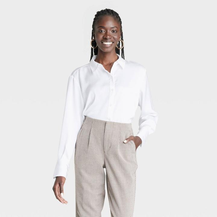 Women's Long Sleeve Oversized Satin Button-down Shirt - A New Day White