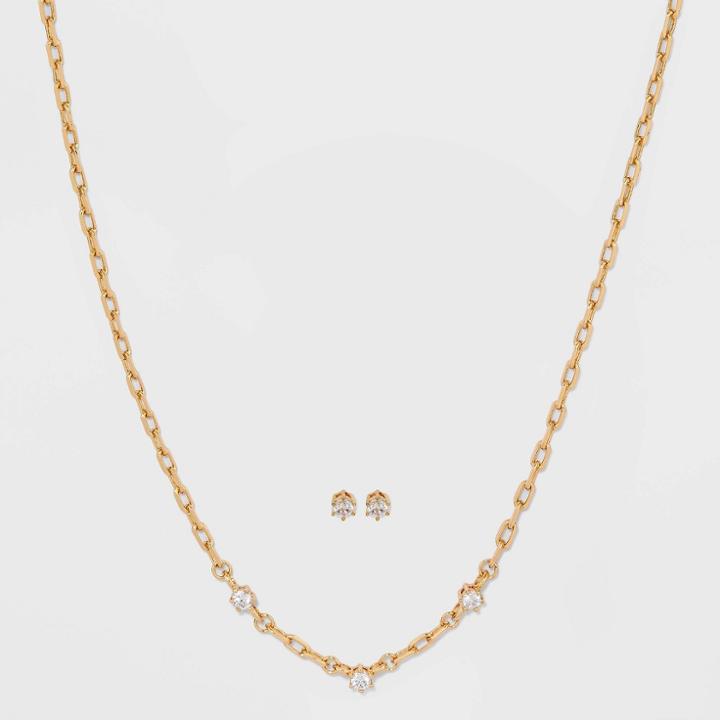 14k Gold Plated Paperclip With Cubic Zirconia Chain Necklace And Earring Set - A New Day Gold
