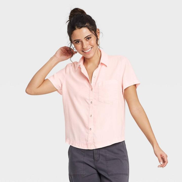 Women's Short Sleeve Denim Shirt - Universal Thread Pink