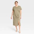 Women's Plus Size Short Sleeve Side Ruched Knit Dress - A New Day Olive Green