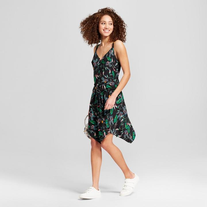 Women's Floral Print Sleeveless Tie Waist Dress - A New Day Black