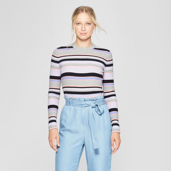 Women's Striped Long Sleeve Crew Sweater - Who What Wear Purple/gray M, Purple/gray