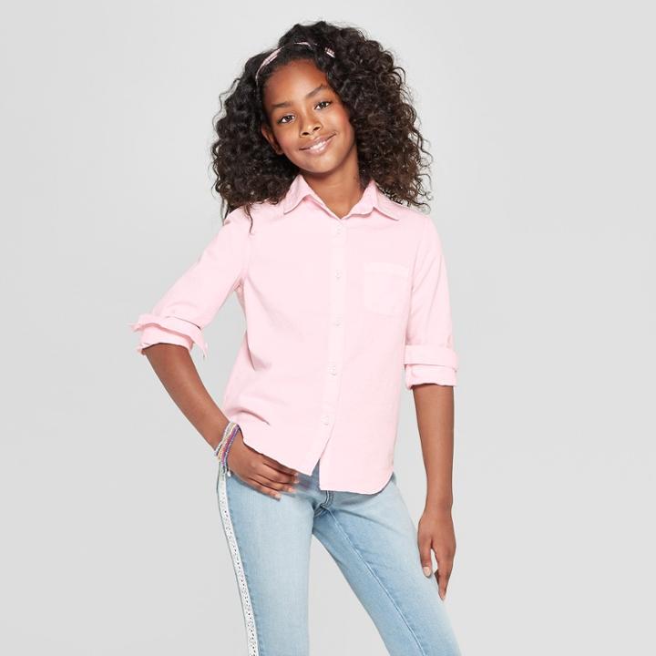 Girls' Long Sleeve Woven Button-down Shirt - Cat & Jack Pink