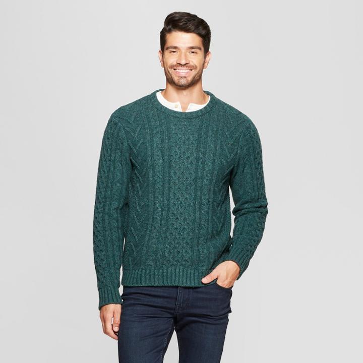 Men's Long Sleeve Standard Fit Cable Crew Pullover Sweater - Goodfellow & Co Green