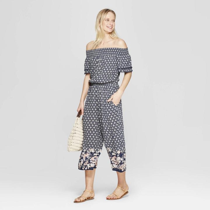 Women's Floral Print Short Sleeve Off The Shoulder Smocked Top Cropped Jumpsuit With Border Print - Xhilaration Blue