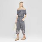 Women's Floral Print Short Sleeve Off The Shoulder Smocked Top Cropped Jumpsuit With Border Print - Xhilaration Blue