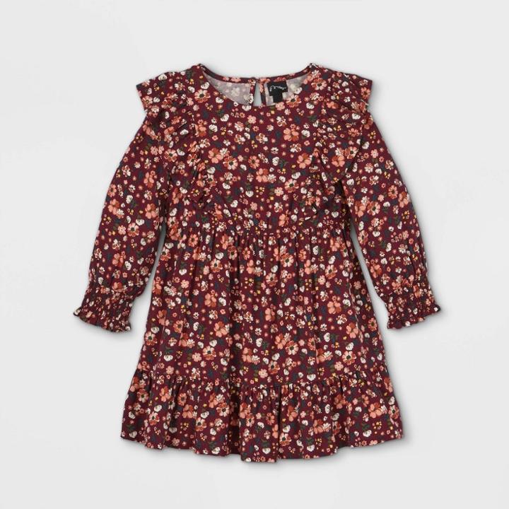 Toddler Girls' Floral Ruffle Long Sleeve Dress - Art Class Maroon