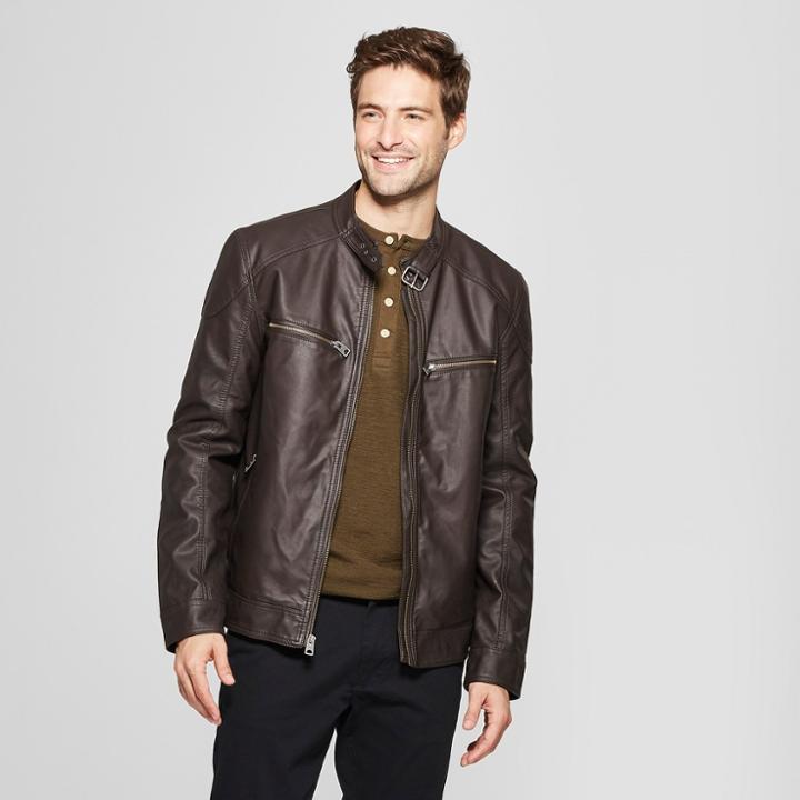 Men's Waxy Front Zipper Moto Jacket - Goodfellow & Co Brown