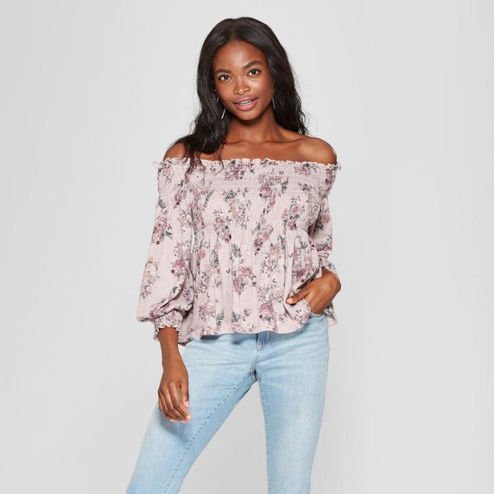 Women's Long Sleeve Floral Knit Off The Shoulder Top - Xhilaration Rose (pink)