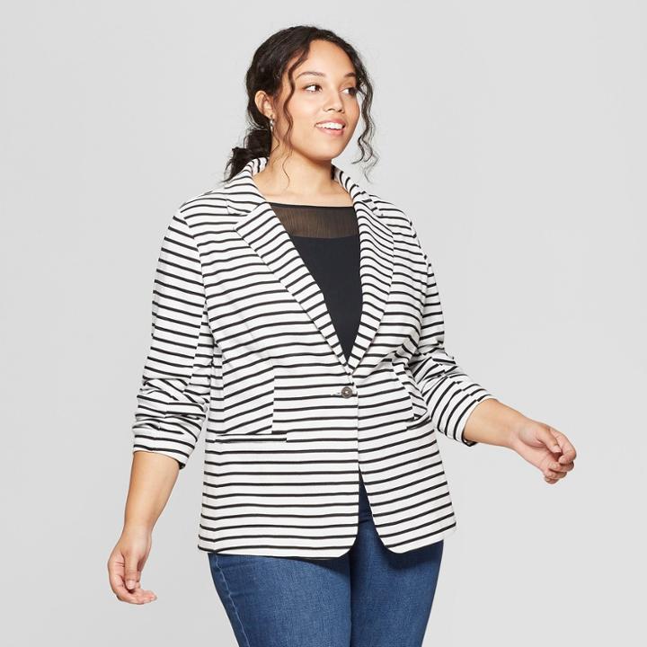 Women's Plus Size Striped Knit Blazer - Ava & Viv Black/white