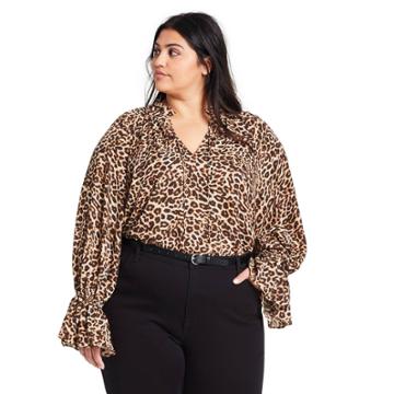 Women's Plus Size Leopard Print Long Sleeve Tie-front Blouse - Nili Lotan X Target Brown