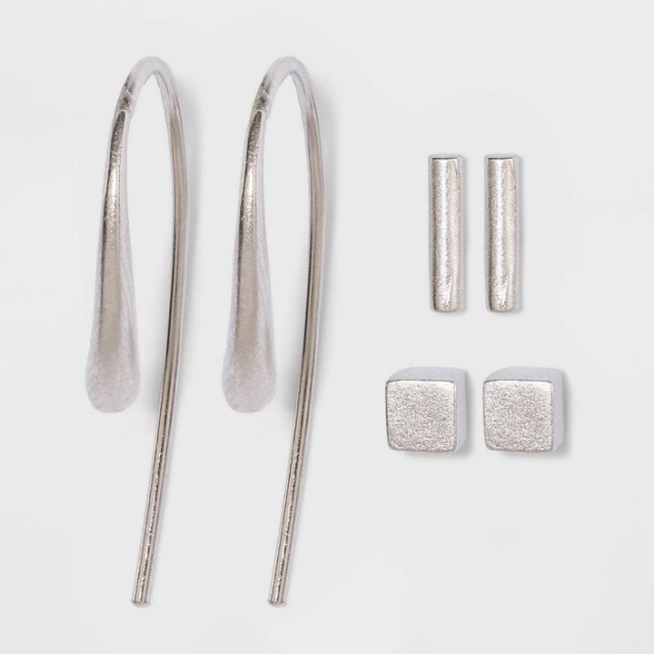 Sterling Silver Cube Stud And Bar Threader Earring Set 3pc - Universal Thread Silver, Women's