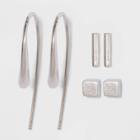 Sterling Silver Cube Stud And Bar Threader Earring Set 3pc - Universal Thread Silver, Women's