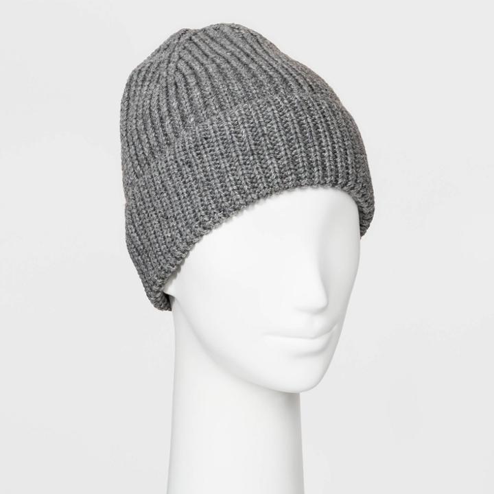 Women's Shaker Stitch Knit Cuff Beanie - A New Day Heather Gray One Size, Grey Gray