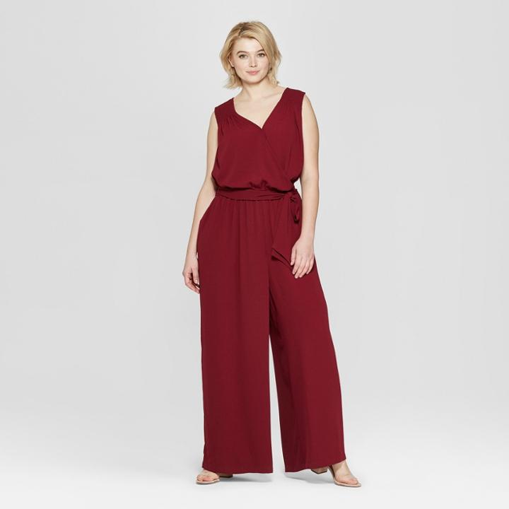 Women's Plus Size Sleeveless V-neck Woven Jumpsuit - Ava & Viv Burgundy X, Red