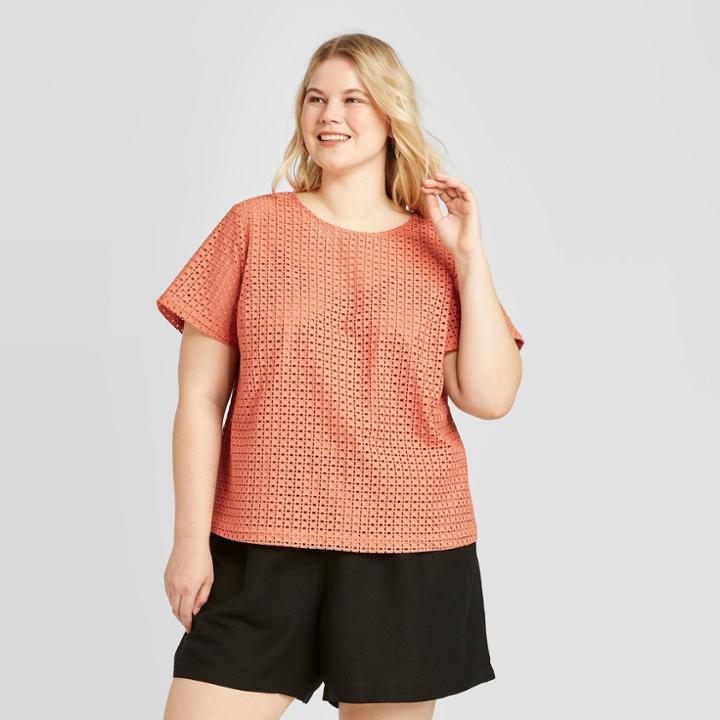Women's Plus Size Short Sleeve Crewneck Eyelet Top - A New Day Red 1x, Women's,